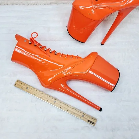 Flamingo Bright Orange Patent Towering 8" High Heel Platform Ankle Boots - Picture 10 of 11